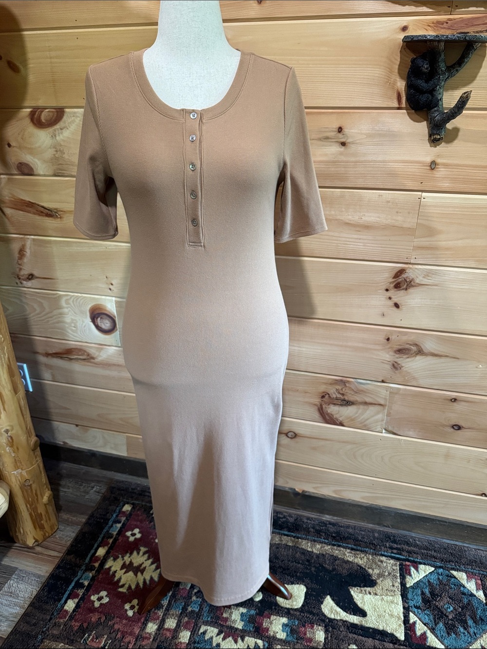 Calvin Klein Jeans Camel Henley Ribbed Midi Dress